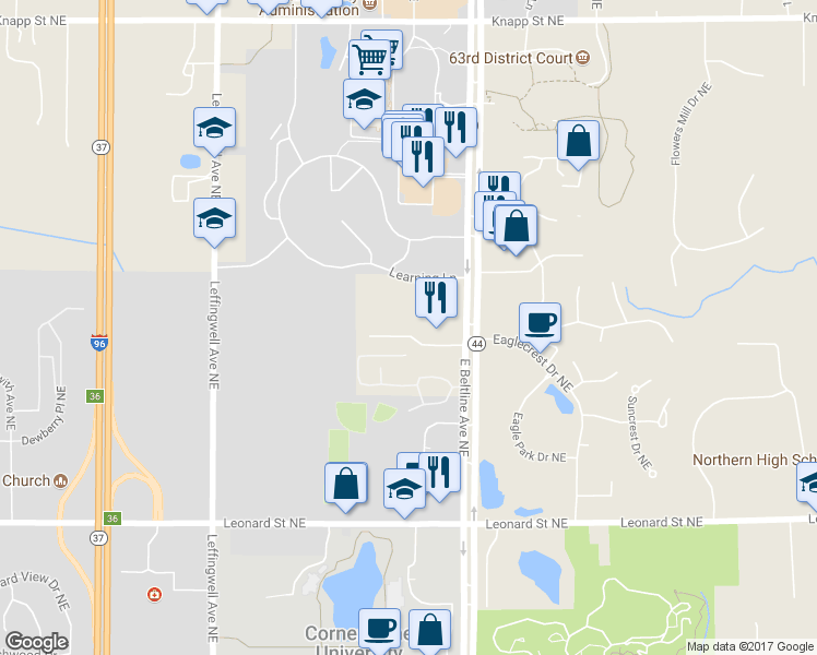 map of restaurants, bars, coffee shops, grocery stores, and more near 3105 Ledgestone Place Northeast in Grand Rapids