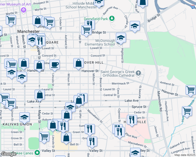 map of restaurants, bars, coffee shops, grocery stores, and more near 511 Manchester Street in Manchester