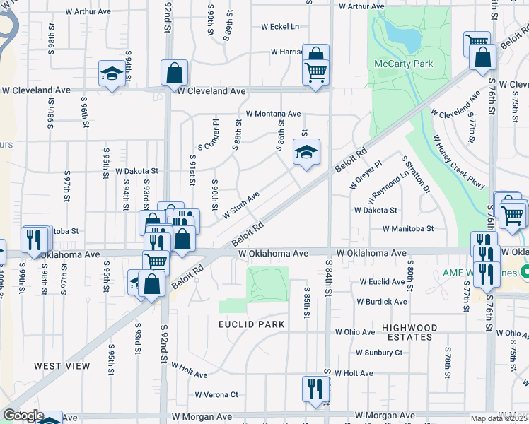 map of restaurants, bars, coffee shops, grocery stores, and more near 8632 Beloit Road in West Allis