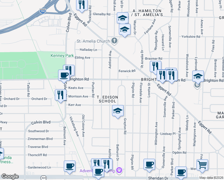 map of restaurants, bars, coffee shops, grocery stores, and more near 329 Ashford Ave in Tonawanda