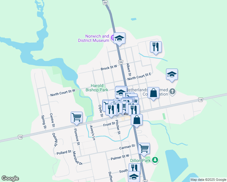 map of restaurants, bars, coffee shops, grocery stores, and more near 19 Washington Street in Norwich