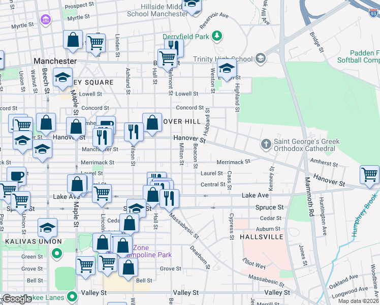 map of restaurants, bars, coffee shops, grocery stores, and more near 511 Manchester Street in Manchester