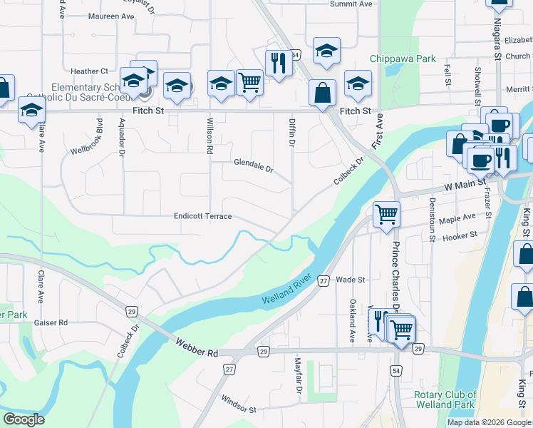 map of restaurants, bars, coffee shops, grocery stores, and more near in Welland