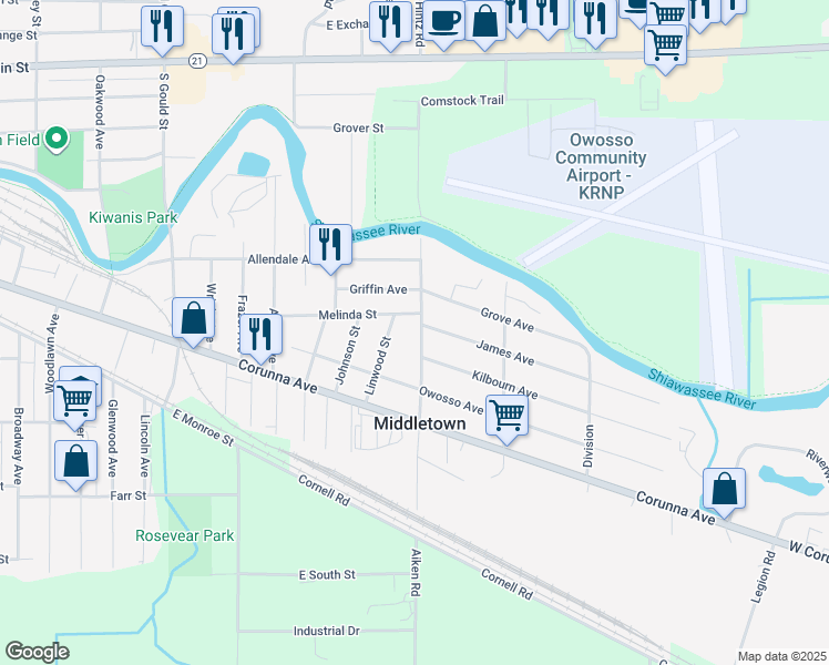 map of restaurants, bars, coffee shops, grocery stores, and more near 722 Aiken Street in Owosso