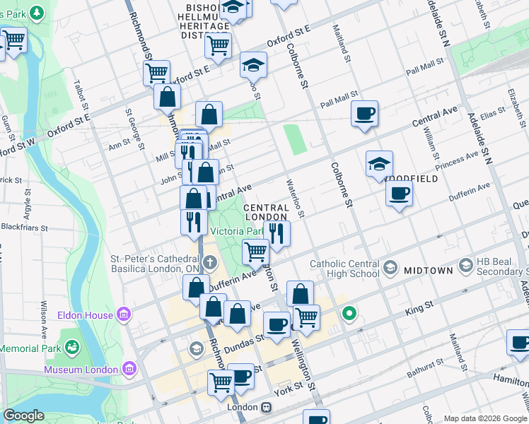 map of restaurants, bars, coffee shops, grocery stores, and more near 295 Wolfe Street in London