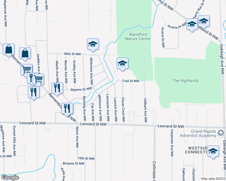 map of restaurants, bars, coffee shops, grocery stores, and more near 1399 Lamont Avenue Northwest in Grand Rapids