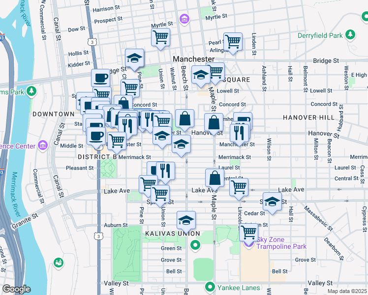 map of restaurants, bars, coffee shops, grocery stores, and more near 285 Manchester Street in Manchester