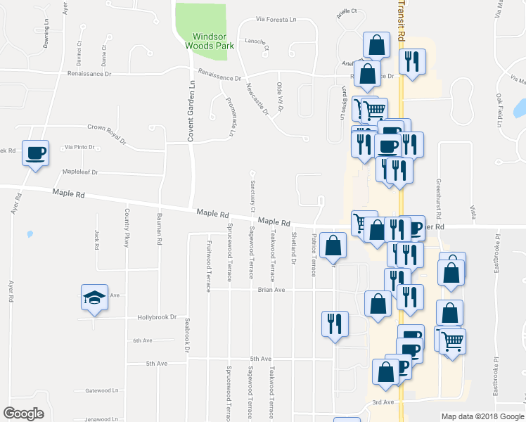 map of restaurants, bars, coffee shops, grocery stores, and more near 11 Sanctuary Court in Buffalo