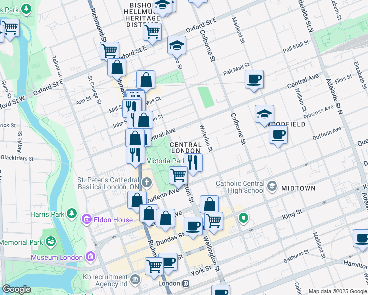 map of restaurants, bars, coffee shops, grocery stores, and more near 560 Wellington Street in London