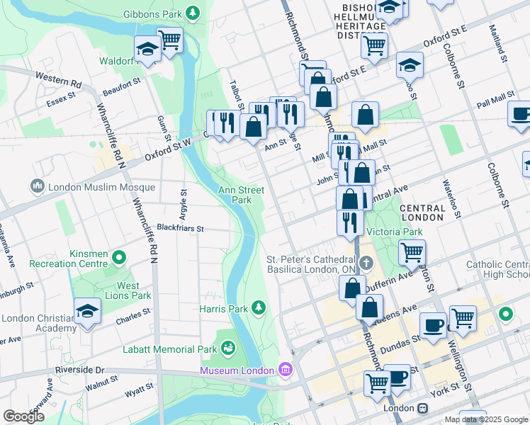 map of restaurants, bars, coffee shops, grocery stores, and more near 639 Barton Street in London