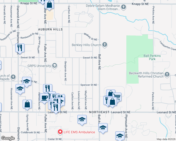 map of restaurants, bars, coffee shops, grocery stores, and more near 1504 Mayfield Ave NE in Grand Rapids