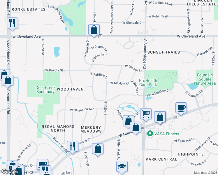 map of restaurants, bars, coffee shops, grocery stores, and more near 3010 S 145th St in New Berlin