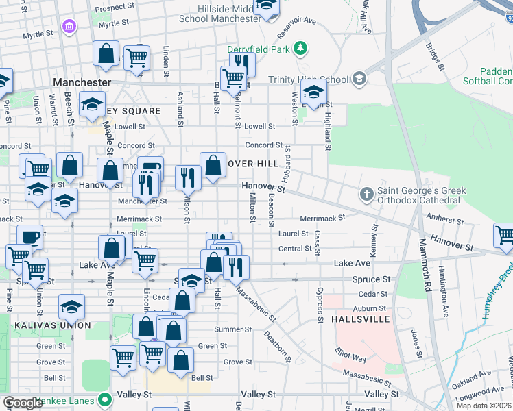 map of restaurants, bars, coffee shops, grocery stores, and more near 511 Manchester Street in Manchester