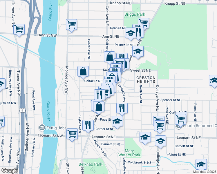 map of restaurants, bars, coffee shops, grocery stores, and more near 1516 Coit Avenue Northeast in Grand Rapids