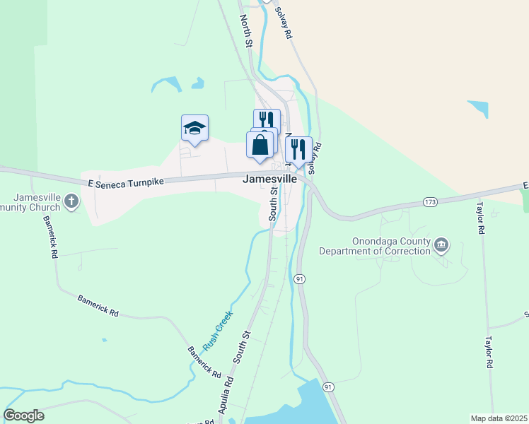 map of restaurants, bars, coffee shops, grocery stores, and more near 4511 South Street in Jamesville