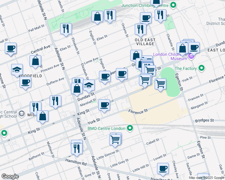 map of restaurants, bars, coffee shops, grocery stores, and more near 396 Hewitt Street in London