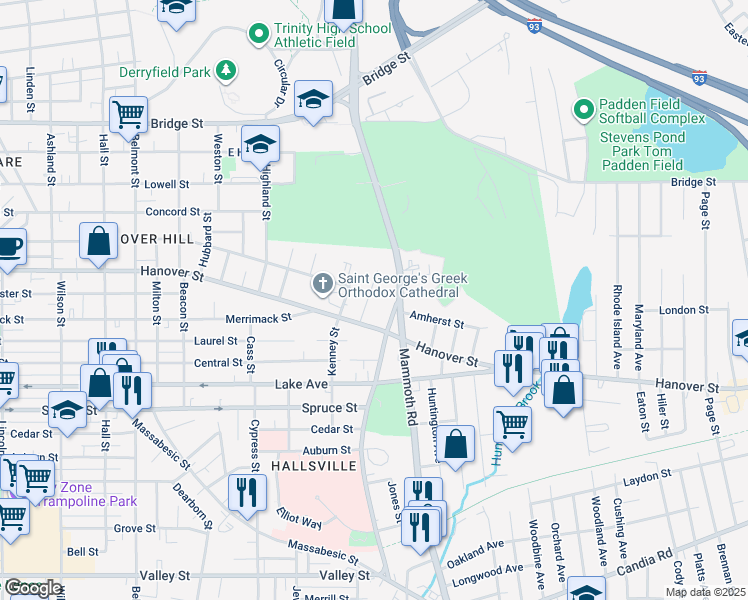 map of restaurants, bars, coffee shops, grocery stores, and more near 29 Grant Street in Manchester