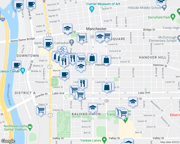 map of restaurants, bars, coffee shops, grocery stores, and more near 275 Manchester Street in Manchester