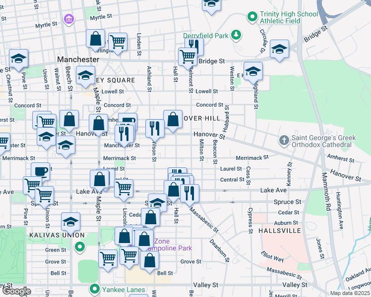 map of restaurants, bars, coffee shops, grocery stores, and more near 485 Manchester Street in Manchester
