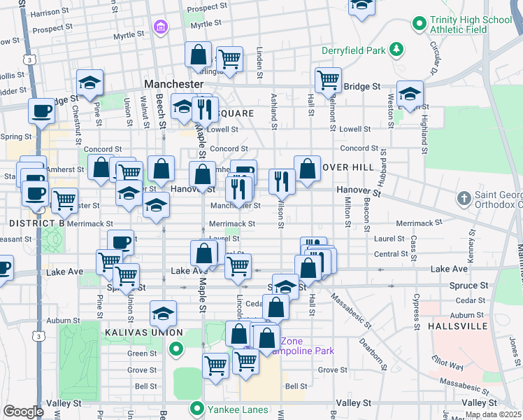 map of restaurants, bars, coffee shops, grocery stores, and more near 391 Manchester Street in Manchester