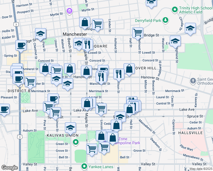 map of restaurants, bars, coffee shops, grocery stores, and more near 391 Manchester Street in Manchester