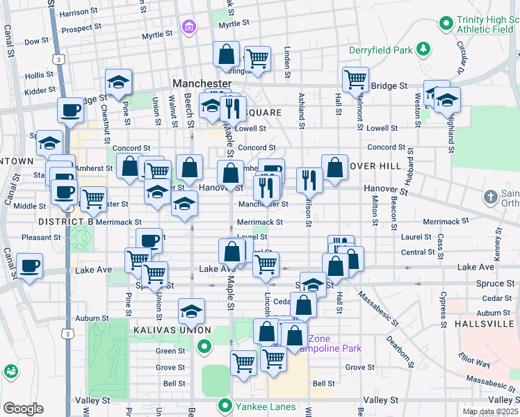 map of restaurants, bars, coffee shops, grocery stores, and more near 516 Lincoln Street in Manchester