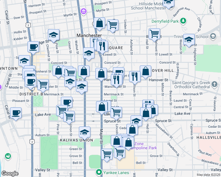 map of restaurants, bars, coffee shops, grocery stores, and more near 516 Lincoln Street in Manchester