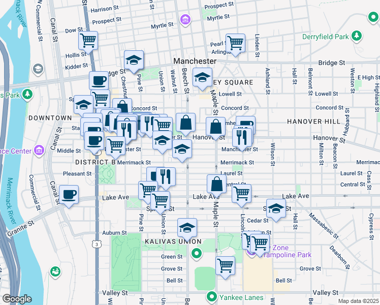 map of restaurants, bars, coffee shops, grocery stores, and more near 285 Manchester Street in Manchester