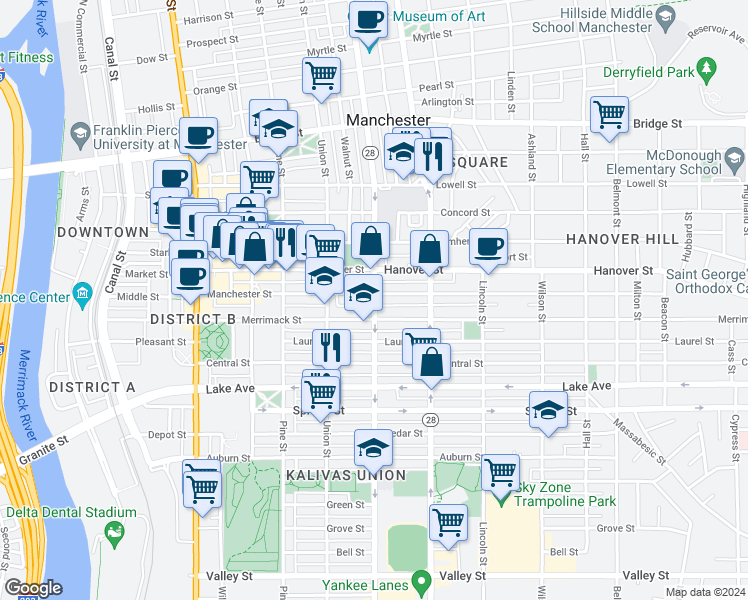 map of restaurants, bars, coffee shops, grocery stores, and more near 285 Manchester Street in Manchester
