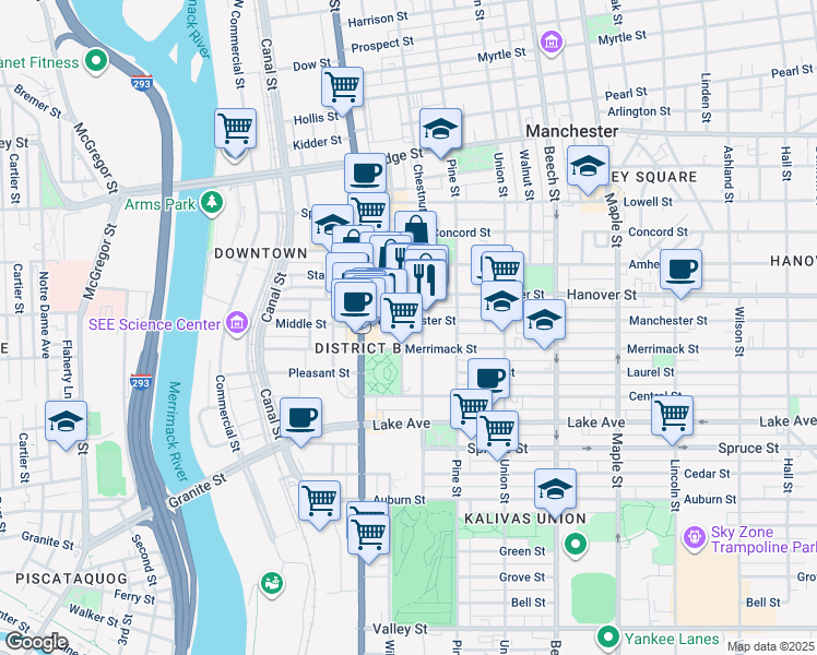 map of restaurants, bars, coffee shops, grocery stores, and more near 71 Manchester Street in Manchester