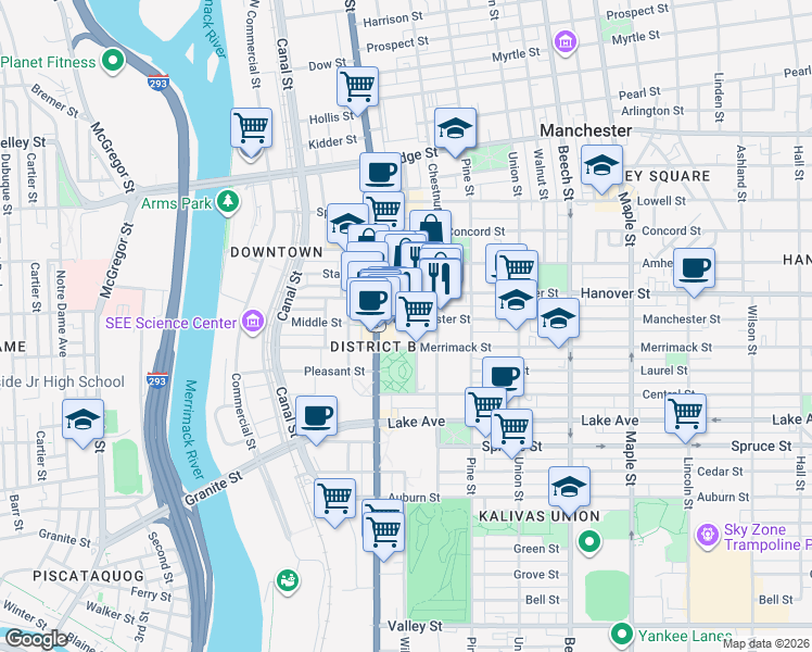 map of restaurants, bars, coffee shops, grocery stores, and more near 71 Manchester Street in Manchester