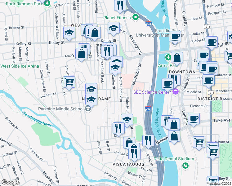 map of restaurants, bars, coffee shops, grocery stores, and more near 226 Cartier Street in Manchester