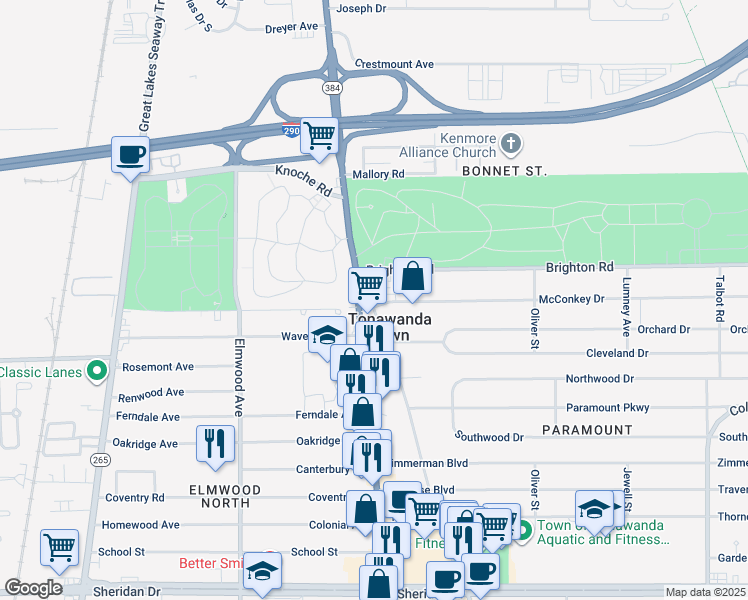 map of restaurants, bars, coffee shops, grocery stores, and more near 1053 Delaware Road in Buffalo