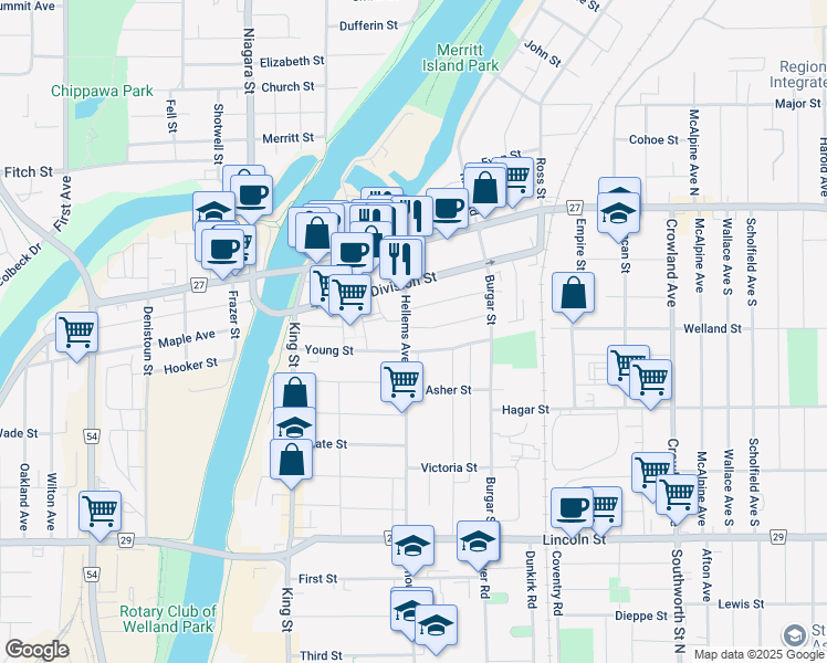 map of restaurants, bars, coffee shops, grocery stores, and more near in Welland