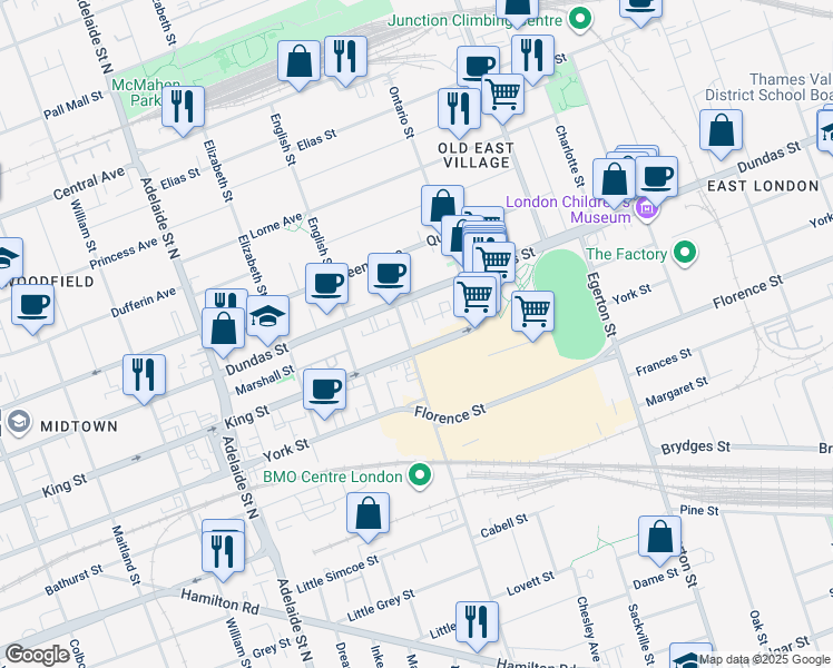 map of restaurants, bars, coffee shops, grocery stores, and more near 820 King Street in London