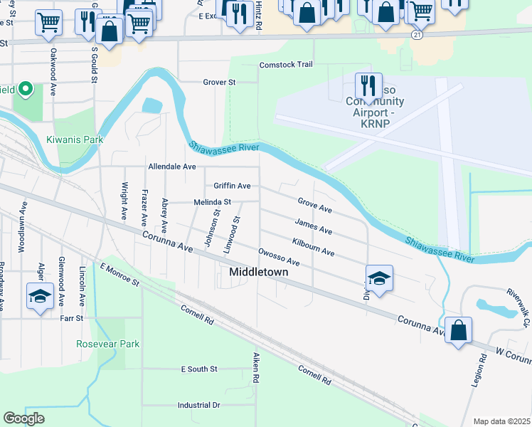 map of restaurants, bars, coffee shops, grocery stores, and more near 1828 James Avenue in Owosso