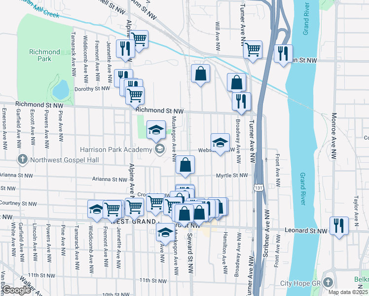 map of restaurants, bars, coffee shops, grocery stores, and more near 615 Webster Street Northwest in Grand Rapids