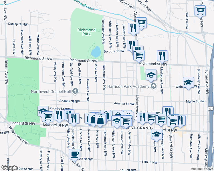 map of restaurants, bars, coffee shops, grocery stores, and more near 1435 Widdicomb Avenue Northwest in Grand Rapids