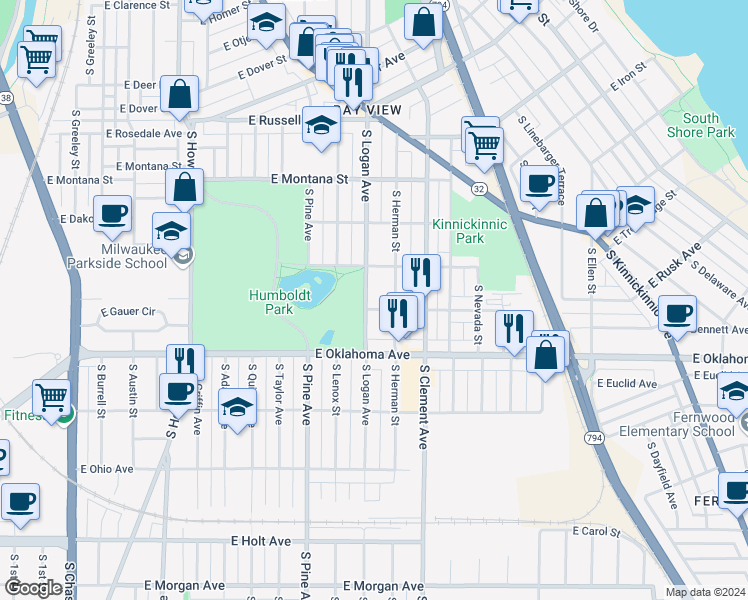 map of restaurants, bars, coffee shops, grocery stores, and more near 2988 South Logan Avenue in Milwaukee