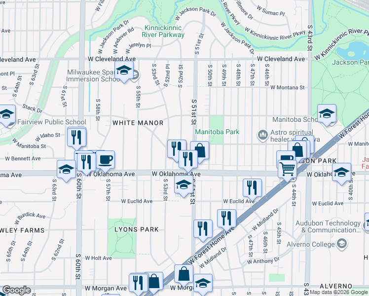 map of restaurants, bars, coffee shops, grocery stores, and more near 3013 South 51st Street in Milwaukee
