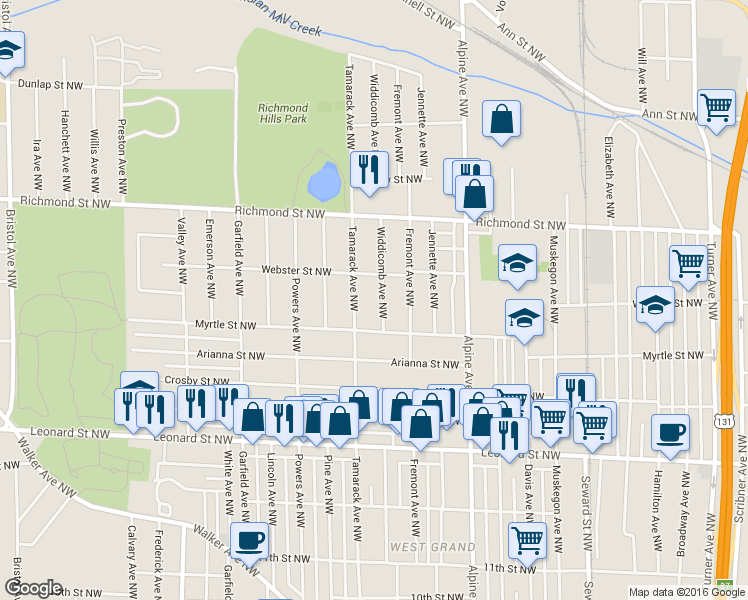 map of restaurants, bars, coffee shops, grocery stores, and more near 1435 Widdicomb Avenue Northwest in Grand Rapids