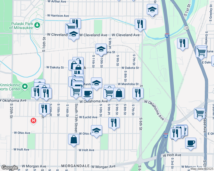 map of restaurants, bars, coffee shops, grocery stores, and more near 3001 South 9th Place in Milwaukee