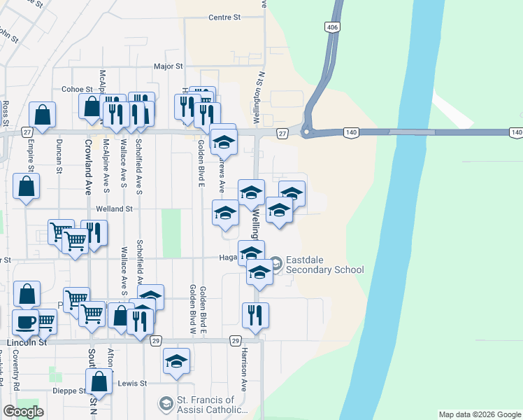 map of restaurants, bars, coffee shops, grocery stores, and more near 94 Wellington Street in Welland