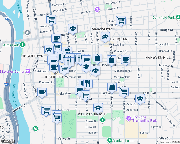 map of restaurants, bars, coffee shops, grocery stores, and more near 251 Manchester Street in Manchester
