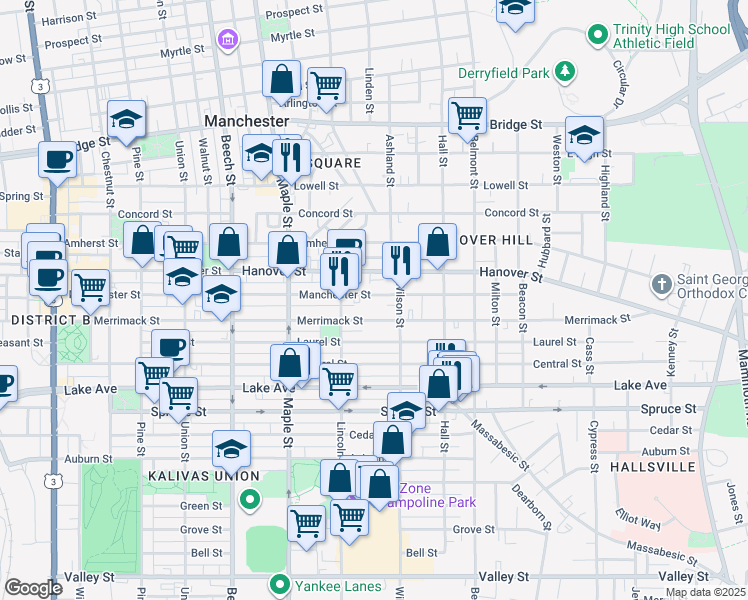 map of restaurants, bars, coffee shops, grocery stores, and more near 391 Manchester Street in Manchester
