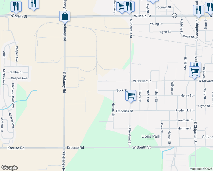 map of restaurants, bars, coffee shops, grocery stores, and more near 1968 Bock Street in Owosso