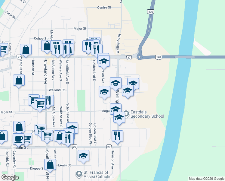 map of restaurants, bars, coffee shops, grocery stores, and more near 82 Garon Avenue in Welland