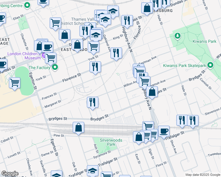 map of restaurants, bars, coffee shops, grocery stores, and more near 1226 Wilton Avenue in London