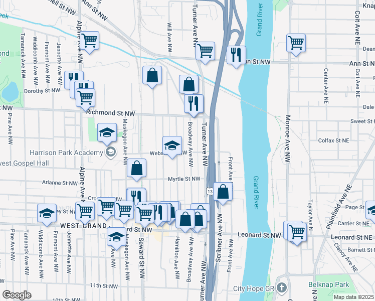 map of restaurants, bars, coffee shops, grocery stores, and more near 1501 Broadway Avenue Northwest in Grand Rapids