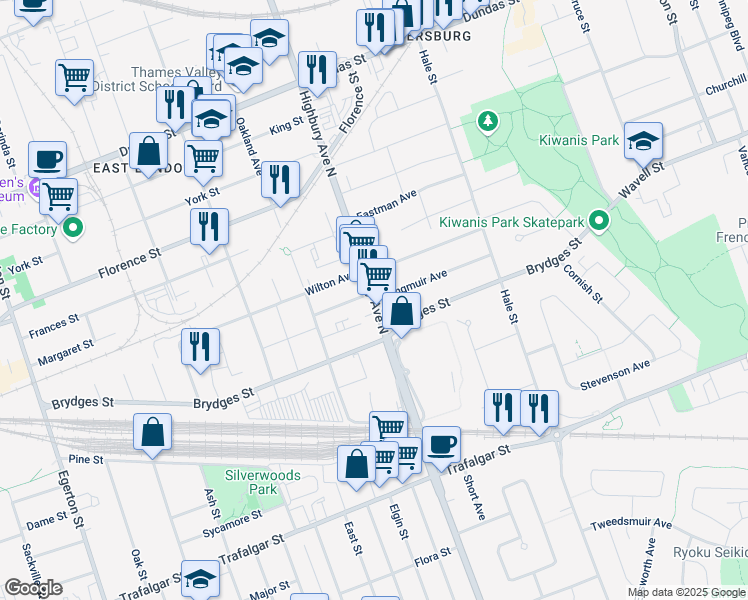 map of restaurants, bars, coffee shops, grocery stores, and more near Langmuir Avenue in London